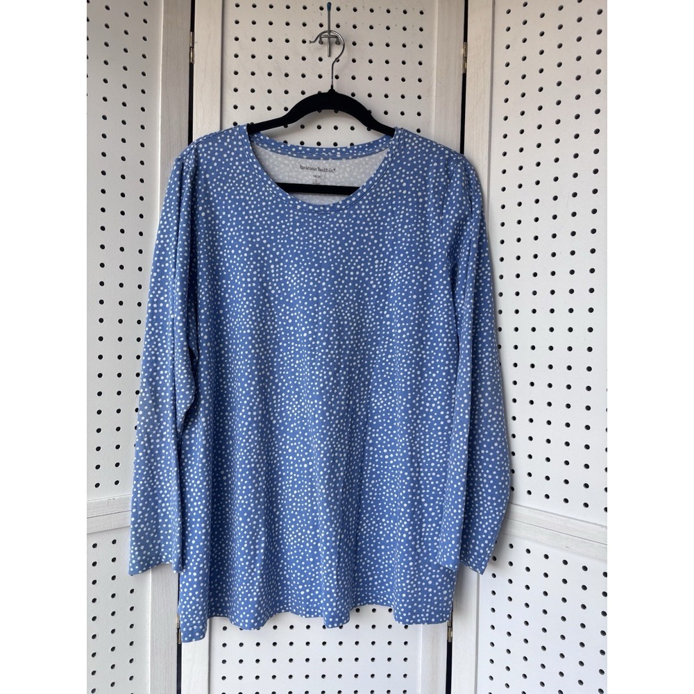 Woman Within Lg 18/20 Long SLV Cotton Tee Shirt Blue White Polka Dots Soft